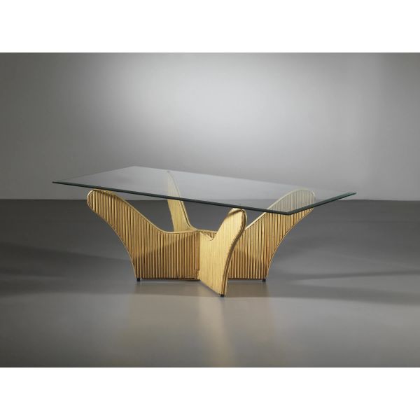 COFFEE TABLE, WOODEN STRUCTURE AND GLASS TOP