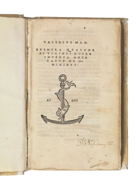 (Aldina) VALERIO MASSIMO. Valerius Max. Exempla quatuor et viginti nuper inuenta ante caput de ominibus. (Venetijs, [Aldo Manuzio il vecchio], octobri mense 1502).