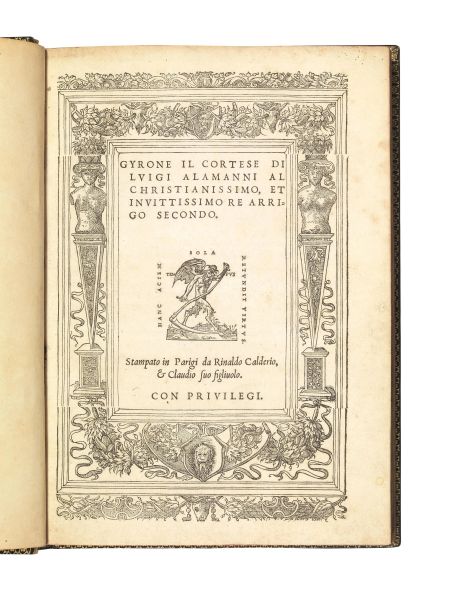 (Romanzo cavalleresco - Legatura) ALAMANNI, Luigi. Gyrone il cortese. In Parigi, Rinaldo Calderio, &amp; Claudio suo figliuolo, (1548).
