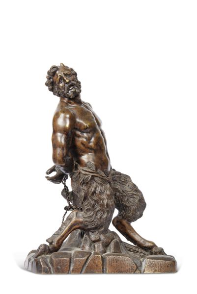 French, 19th century, A chained Satyr, bronze, 42,5x29x20 cm
