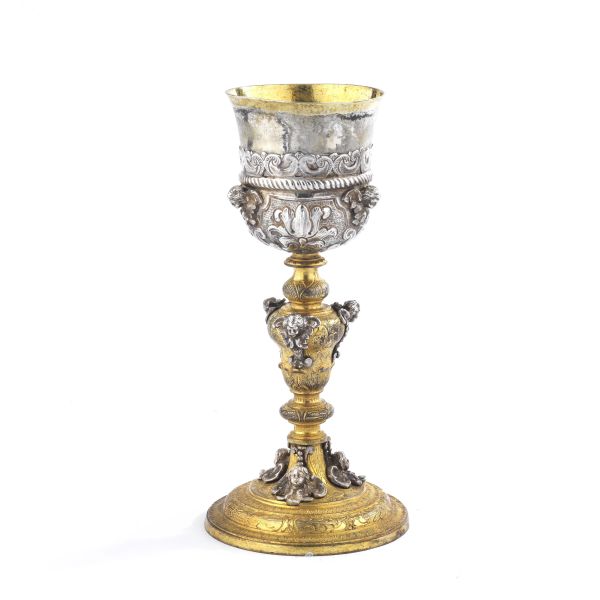 A GILDED AND SILVERED BRONZE CALICE,18TH CENTURY