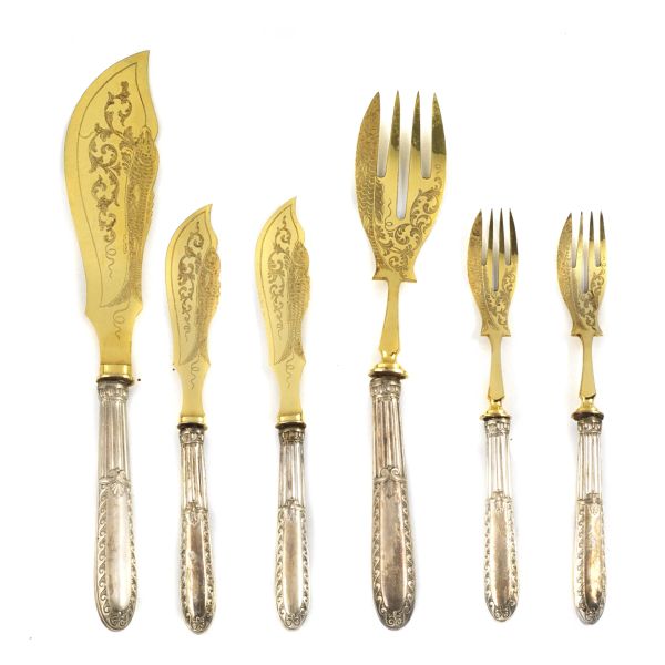 A SILVER  AND GILDED METAL FISH CUTLERY SET, GERMANY, BEGINNING OF XX CENTURY