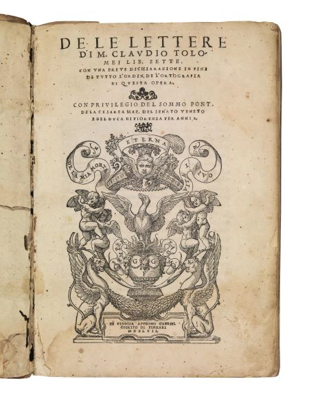 (Lingua italiana) TOLOMEI, Claudio. De le lettere di M. Claudio Tolomei lib. Sette. In Vinegia, appresso Gabriel Giolito de Ferrari, 1547.
