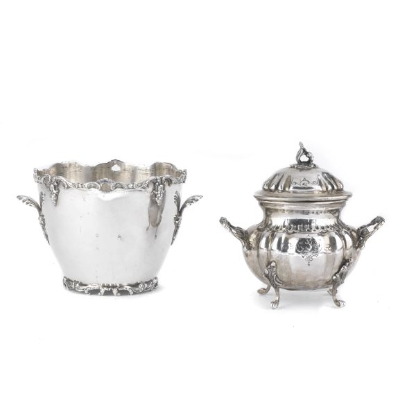 A SILVER SUGAR BOWL AND ICE BUCKET, 20TH CENTURY