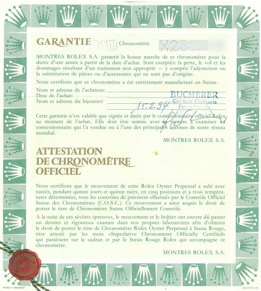 ROLEX DAYTONA ORO GIALLO REF. 16518 'SEI ROVESCIATO' N. X2892XX ANNO 1994