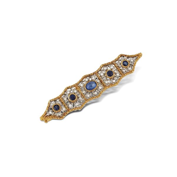 SAPPHIRE AND DIAMOND BARRETTE BROOCH IN 18KT TWO TONE GOLD