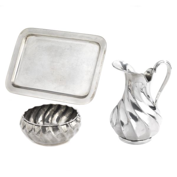 A SILVER LITTLE TRAY, LITTLE CUP AND EWER, 20TH CENTURY