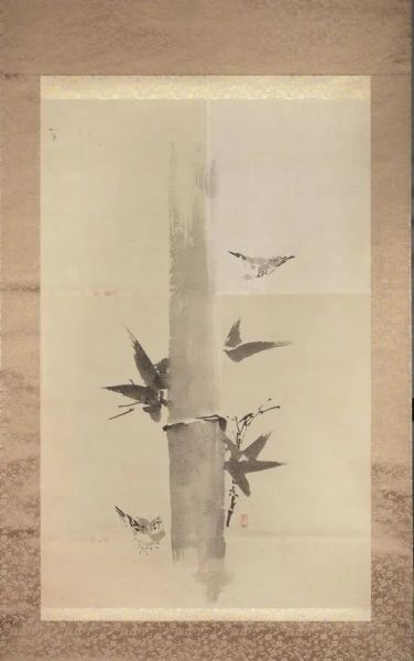 Kakemono, Giappone, inchiostro su carta raffigurante volatili e pianta di bamb&ugrave;, sigilloWatanabe Kazan misure totali cm 169x48