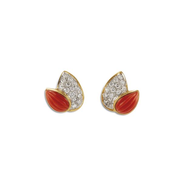 CORAL AND DIAMOND CLIP EARRINGS IN 18KT TWO TONE GOLD
