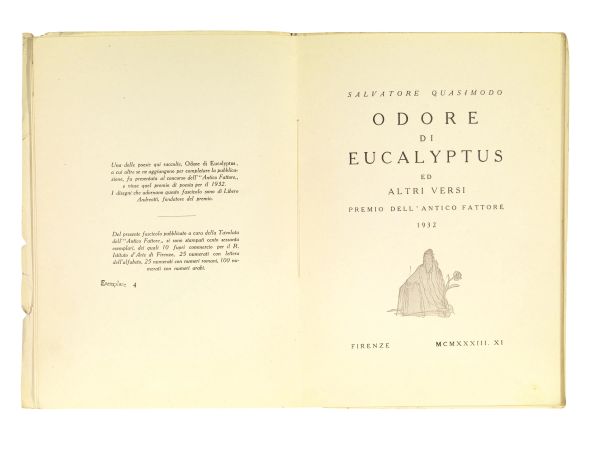 QUASIMODO, Salvatore. Odore di eucalyptus ed altri versi. Premio dell&rsquo;Antico Fattore 1932. Firenze, [s.n.], 1933.