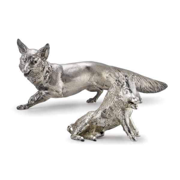 A STERLING FOX AND A  SILVERED METAL BOAR, 20TH CENTURY