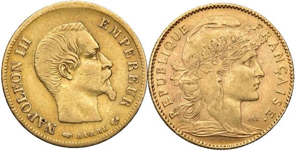      FRANCIA. DUE MONETE DA 10 FRANCHI (1856, 1905) 