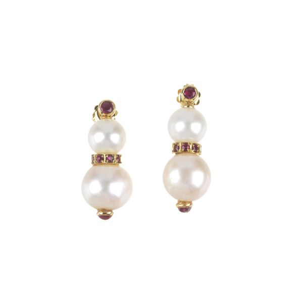 PEARL AND RUBY DROP EARRINGS IN 18KT YELLOW GOLD