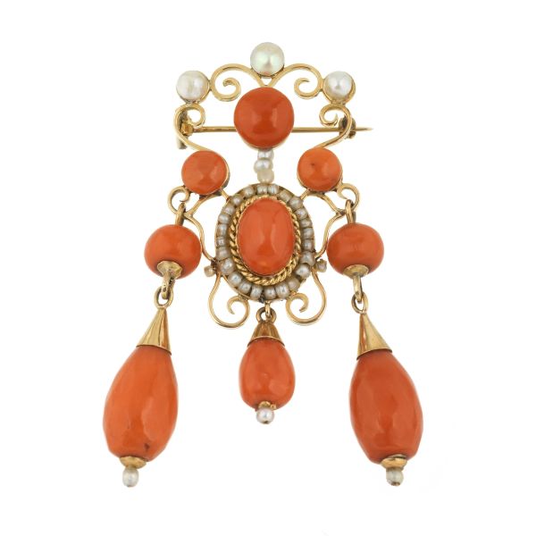PEARL AND CORAL BROOCH IN 18KT YELLOW GOLD