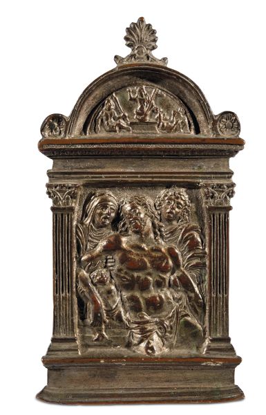Workshop of the Moderno, 16th century, Crucified Christ between the Virgin and Saint John, bronze