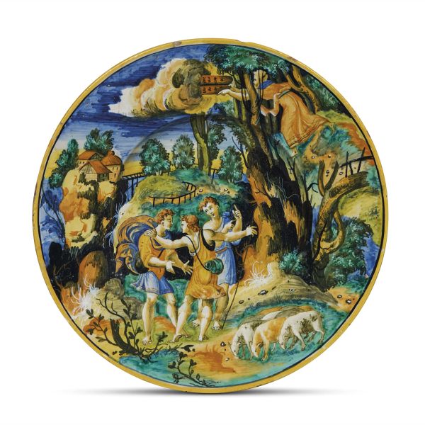 A DISH, MARCHE, PROBABLY PESARO, WORKSHOP OF LANFRANCO GIROLAMO DALLE GABICCE, CIRCA 1540-1550