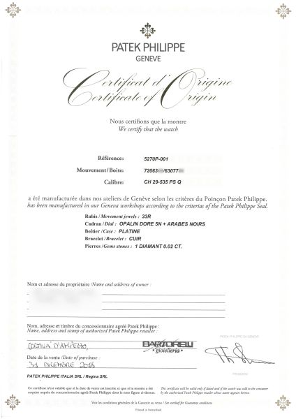 PATEK PHILIPPE REF. 5270P-001 CRONOGRAFO CALENDARIO PERPETUO N. 72063XX/63077XX ANNO 2018