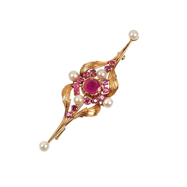 RUBY AND PEARL BARRETTE BROOCH IN 14KT GOLD