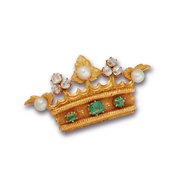 



PEARL EMERALD AND DIAMOND BROOCH IN 18KT YELLOW GOLD