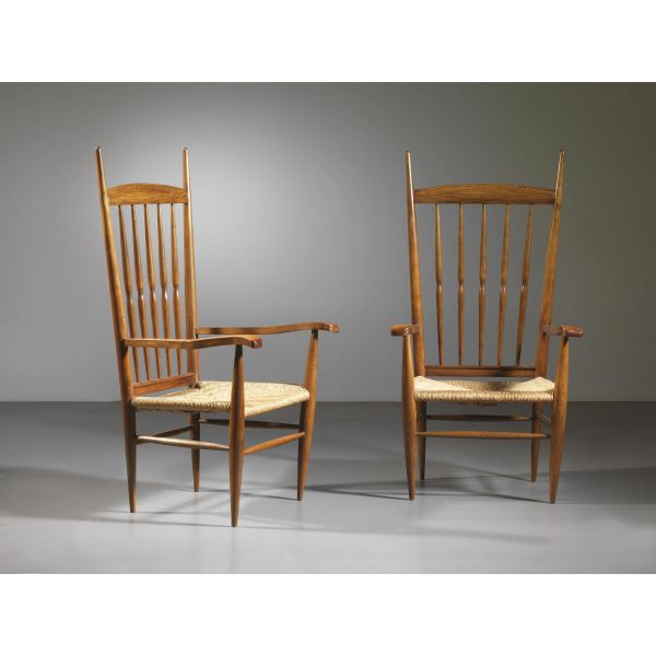 TWO WOODEN ARMCHAIRS, STRAW SEAT