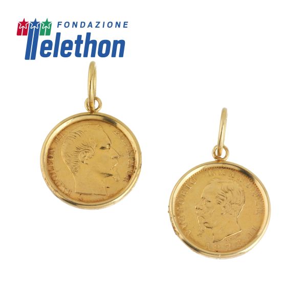 TWO 18KT YELLOW GOLD PENDANTS WITH COINS