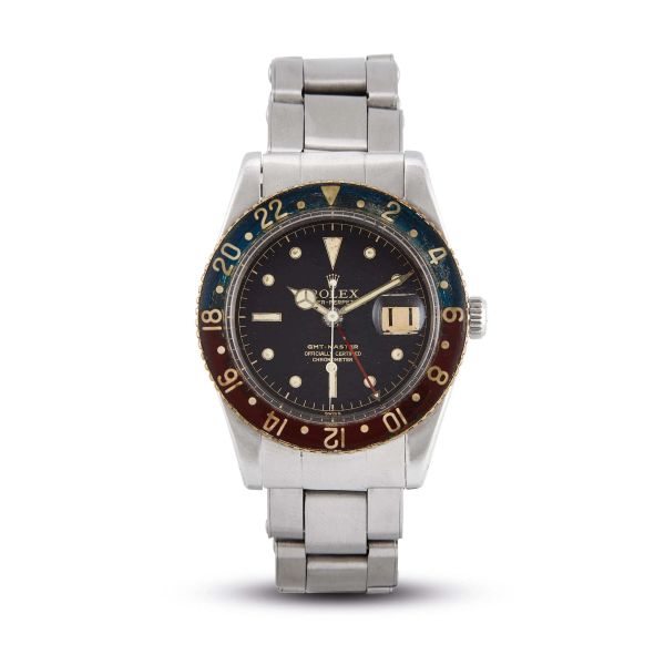 VERY RARE ROLEX GMT MASTER BAKELITE BEZEL REF. 6542 N. 3980XX STAINLESS STEEL WRISTWATCH, 1958