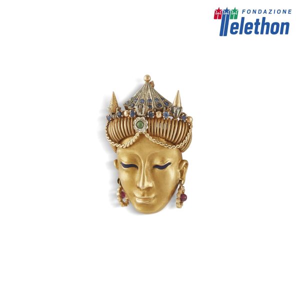 INDIAN DIVINITY'S HEAD BROOCH IN 18KT TWO TONE GOLD