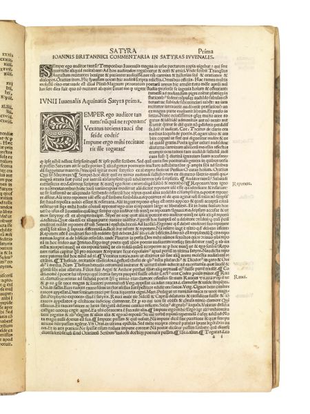 IUVENALIS, Decimus Iunius. Iuuenalis nuper impressus cum commentariis Ioannis Britannici adamussim castigatus. (Mli [Milano], Petromartire de Mantegatiis, 1503).
