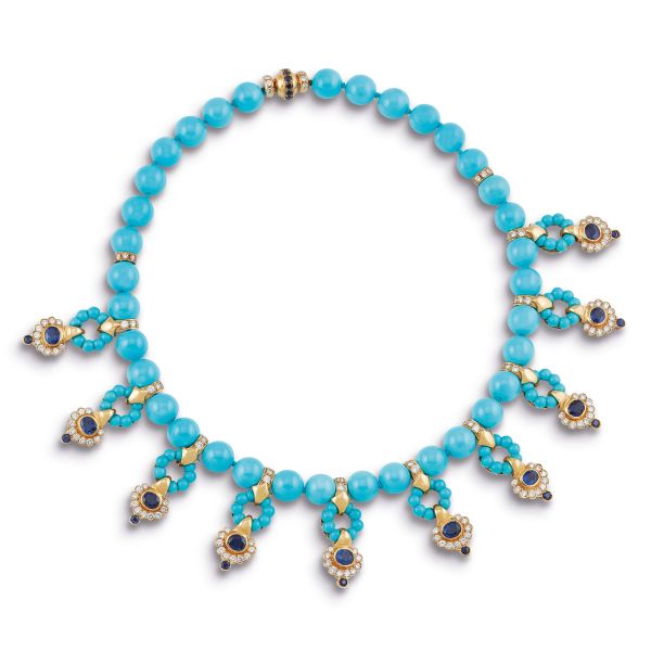 



MORONI TURQUOISE PASTE SAPPHIRE AND DIAMOND NECKLACE IN 18KT YELLOW GOLD
