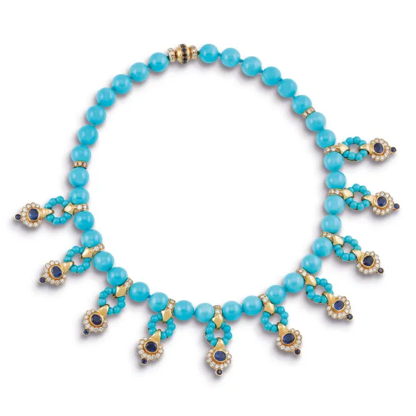 Moroni - 



MORONI TURQUOISE PASTE SAPPHIRE AND DIAMOND NECKLACE IN 18KT YELLOW GOLD