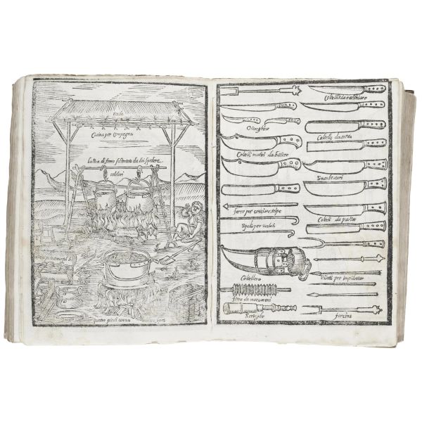 Scappi, Bartolomeo. Opera dell’arte del cucinare, con la quale si può ammaestrare qual si voglia Cuoco, Scalco, Trinciante, o Mastro di Casa: Divisa in sei libri […] con le Figure che fanno di Bisogno nella Cucina. Venezia, de’ Vecchi, 1610. Legato con Cesare Pandini. Il mastro di casa. Venezia, de’ Vecchi, 1610.