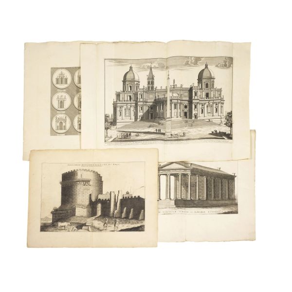 (Roma)   Lotto di 13 incisioni calcografiche di vario formato a carattere architettonico, alcune firmate Pierre Mortier (edizione Amsterdam inizi XVIII secolo).