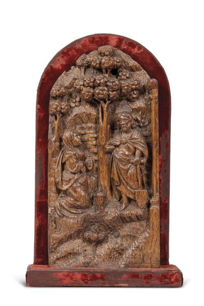 Flemish School,17th century, Noli me tangere, wooden high-relief, h. 34 cm