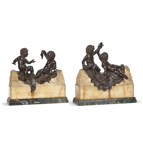 France, late 17th century, Putti games, a pair of sculpture in patinated bronze, on a marble base, 33x33,5x13,8 cm and 34,5x33,5x13,8 cm (overall)