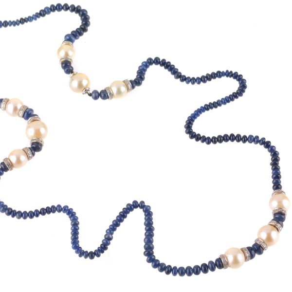 LONG SAPPHIRE PEARL AND DIAMOND&nbsp; NECKLACE