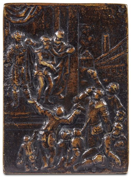 Augsburg, early 17th century, Indoor of a Church and Ecce Homo, a pair of bronzed plaques, 9,4x7 cm and 9,3x6,8 cm