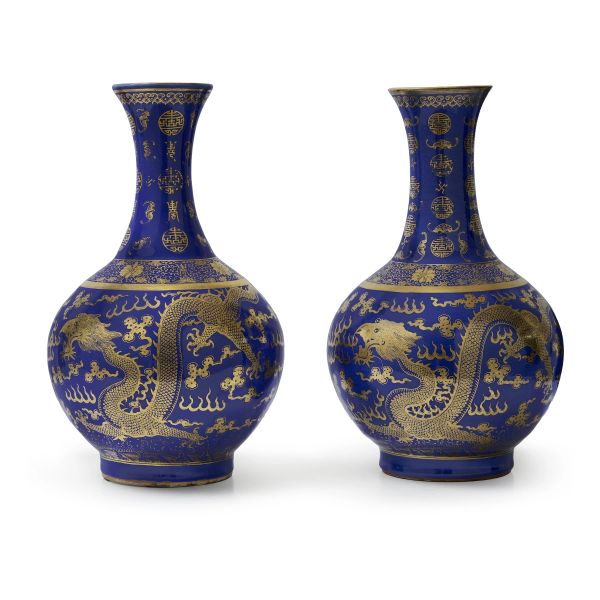 A PAIR OF SACRIFICIAL BLUE-GROUND GILT-DECORATED PORCELAIN VASES, CHINA, QING DYNASTY, SEC. XIX