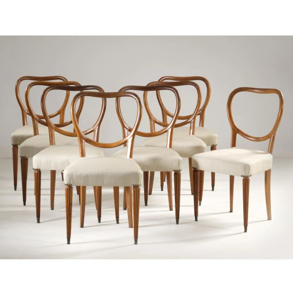 



EIGHT CHAIRS, WOODEN STRUCTURE, BEIGE FABRIC UPHOLSTERY 