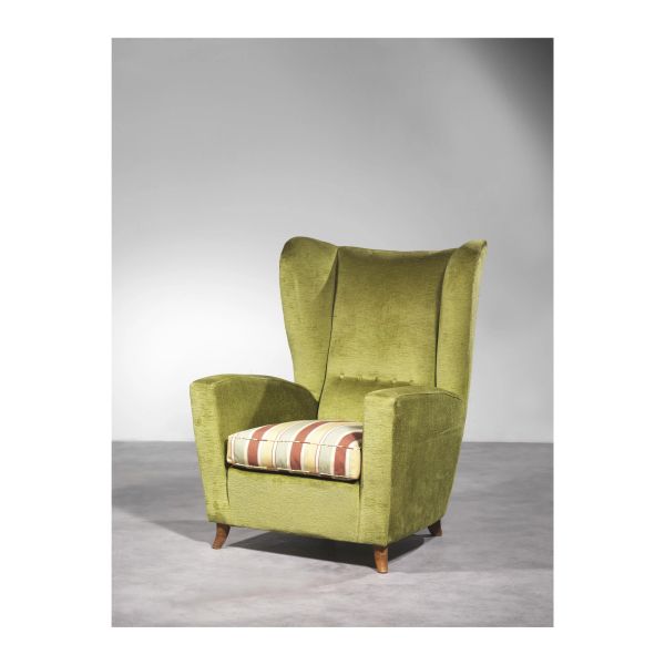 ARMCHAIR, WOODEN STRUCTURE, GREEN FABRIC UPHOLSTERY
