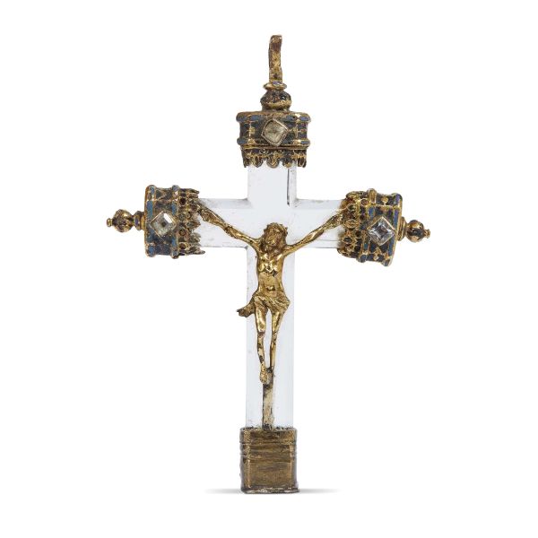 Venice, early 16th century, A pectoral Cross, rock crystal, gilt metal and enamels, 9,5x6,5 cm