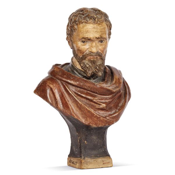 Florentine sculptor, first half 17th century, bust of Michelangelo, polychrome terracotta