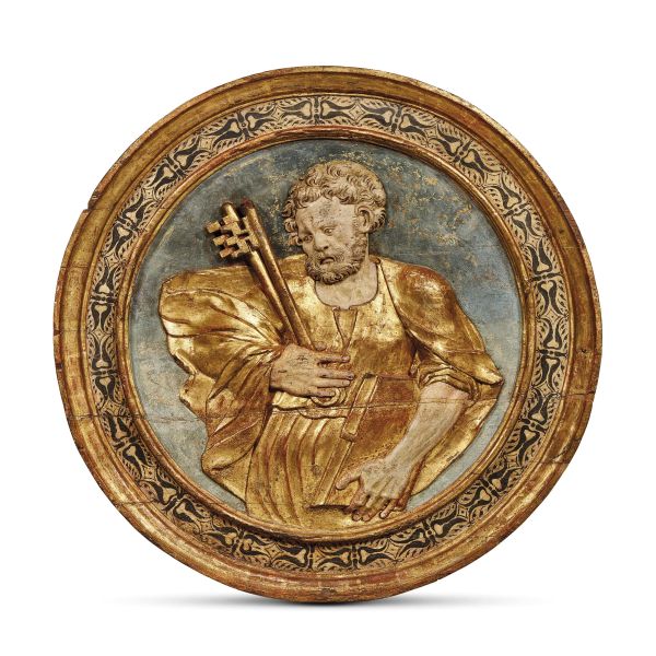 Bartolomeo Neroni - Bartolomeo Neroni also known as Il Riccio (Siena circa 1505 - 1571), Saint Peter, painted and gilt wooden relief, diameter 111 cm