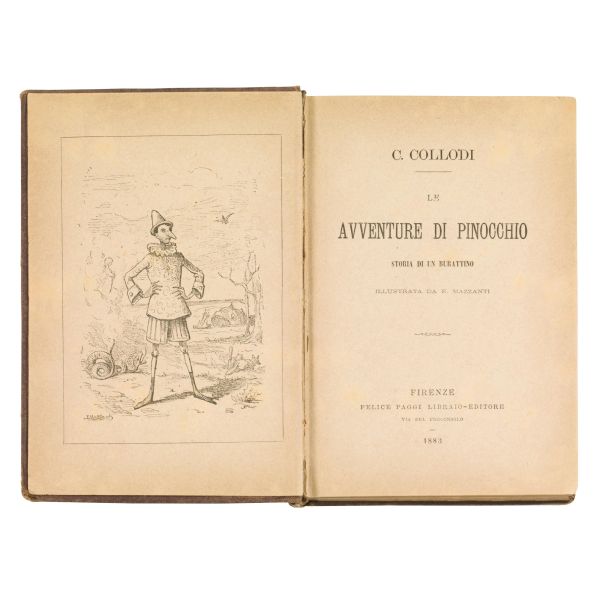 COLLODI, Carlo.   Le Avventure di Pinocchio. Storia di un burattino. Illustrata da E. Mazzanti.   Firenze, Felice Paggi Libraio-Editore, 1883.