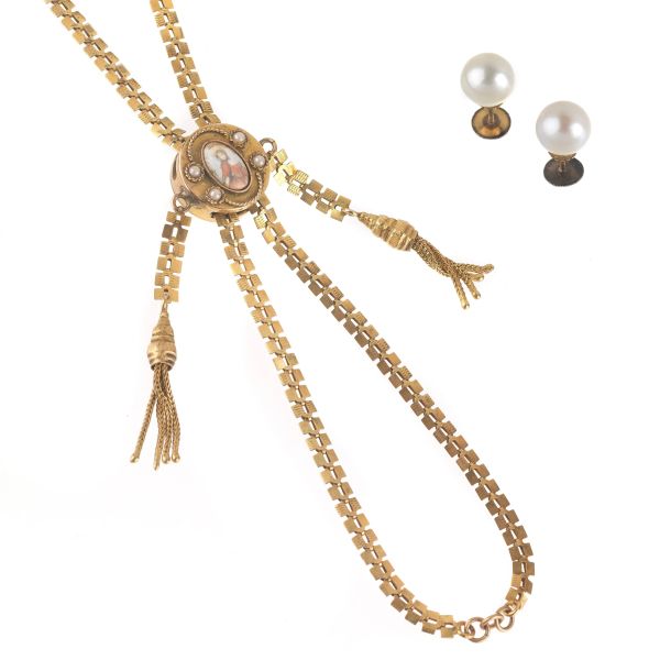SLIDING RAIL NECKLACE AND PEARL EARRINGS IN GOLD