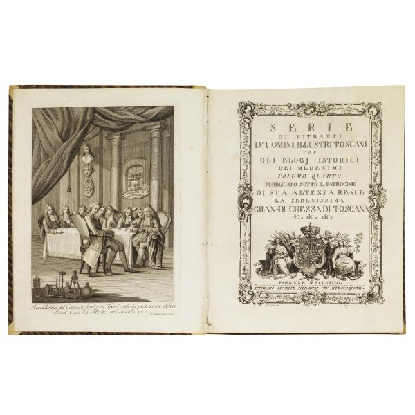 (Toscana - Illustrati 700)   (ZOCCHI, Giuseppe et al.)   Serie di ritratti d&rsquo;uomini illustri toscani con gli elogj istorici dei medesimi ... Volume primo [-quarto].   Firenze, appresso Giuseppe Allegrini, 1766-1773.