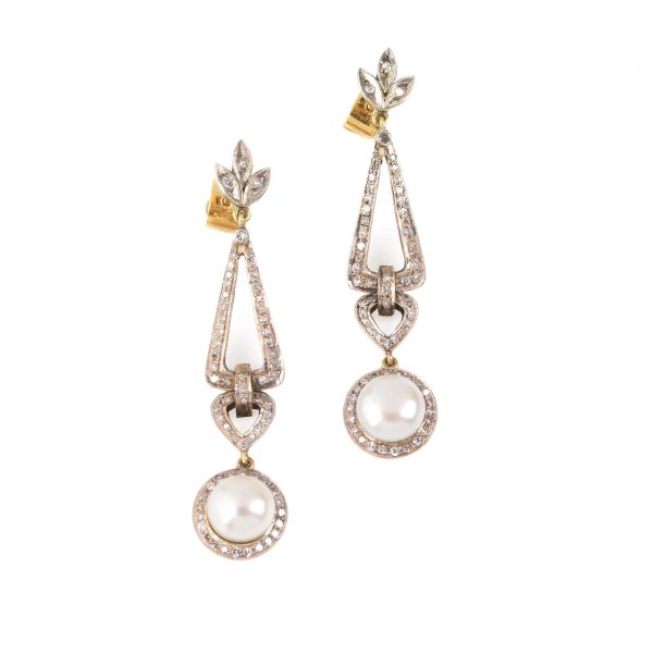 PEARL AND DIAMOND DROP EARRINGS IN 18KT TWO TONE GOLD