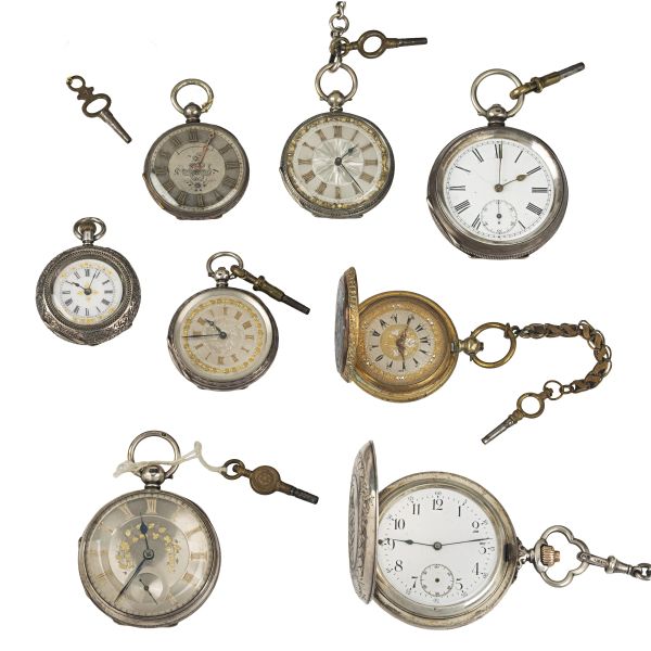



LOT OF EIGHT SILVER AND METAL POCKET WATCHES 