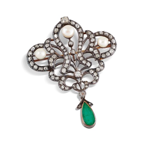 



EMERALD PEARL AND DIAMOND BROOCH IN SILVER AND GOLD