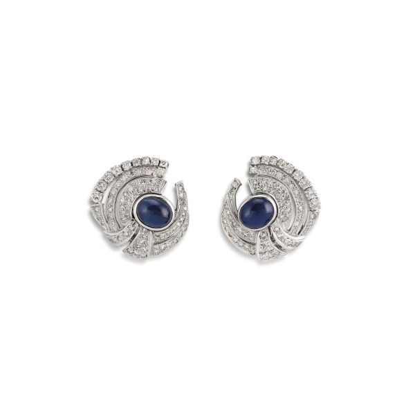 SAPPHIRE AND DIAMOND CLIP EARRINGS IN 18KT WHITE GOLD