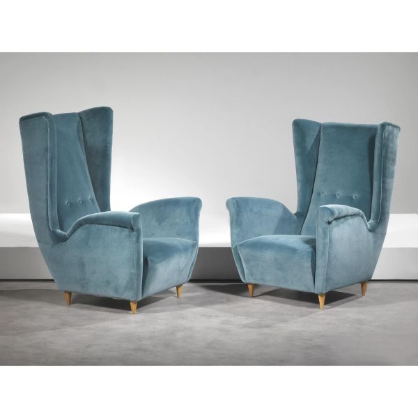 A PAIR OF HIM AND HER ARMCHAIRS, WOODEN STRUCTURE, BLUE FABRIC UPHOLSTERY